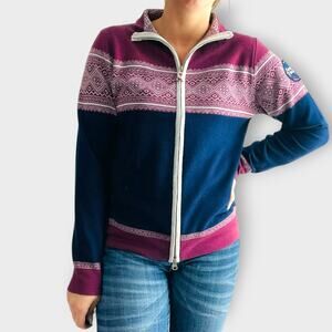 North Worn Sweater Cardigan Zip Up Nordic Nature Fair Isle Knit Blue Wool Size L